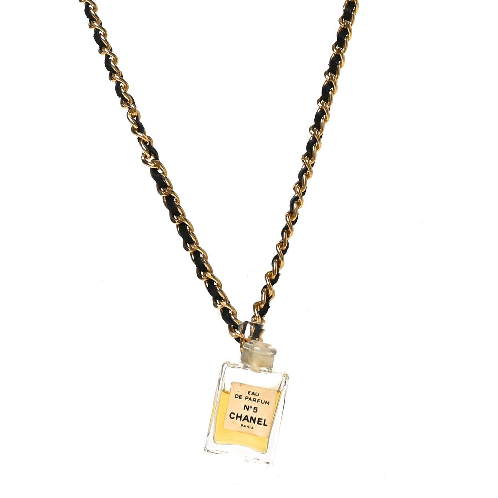 Chanel Metal Lambskin Resin CC No 5 Perfume Bottle Necklace Gold Black