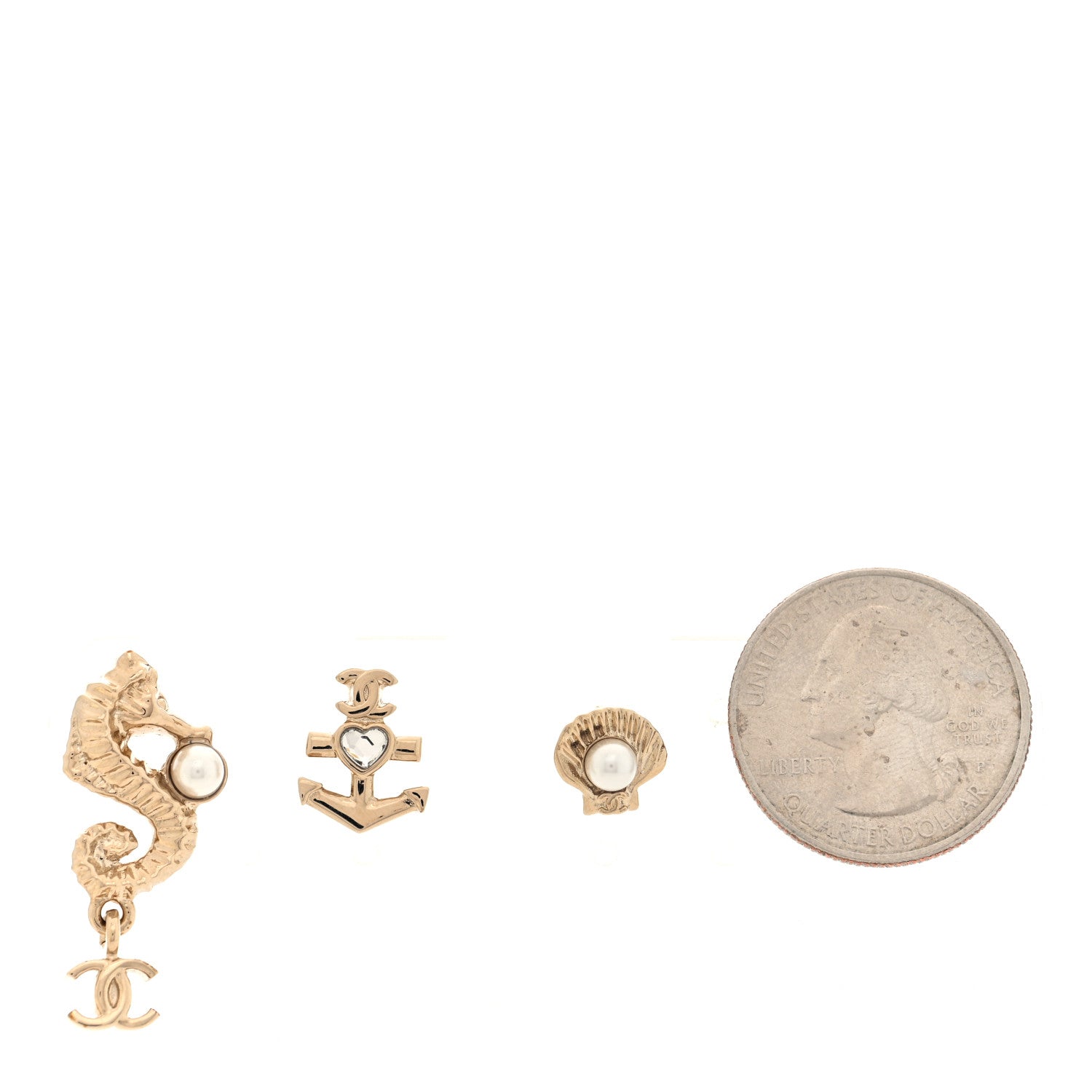 Chanel Metal Pearl Anchor Seahorse Shell Earrings Set Gold