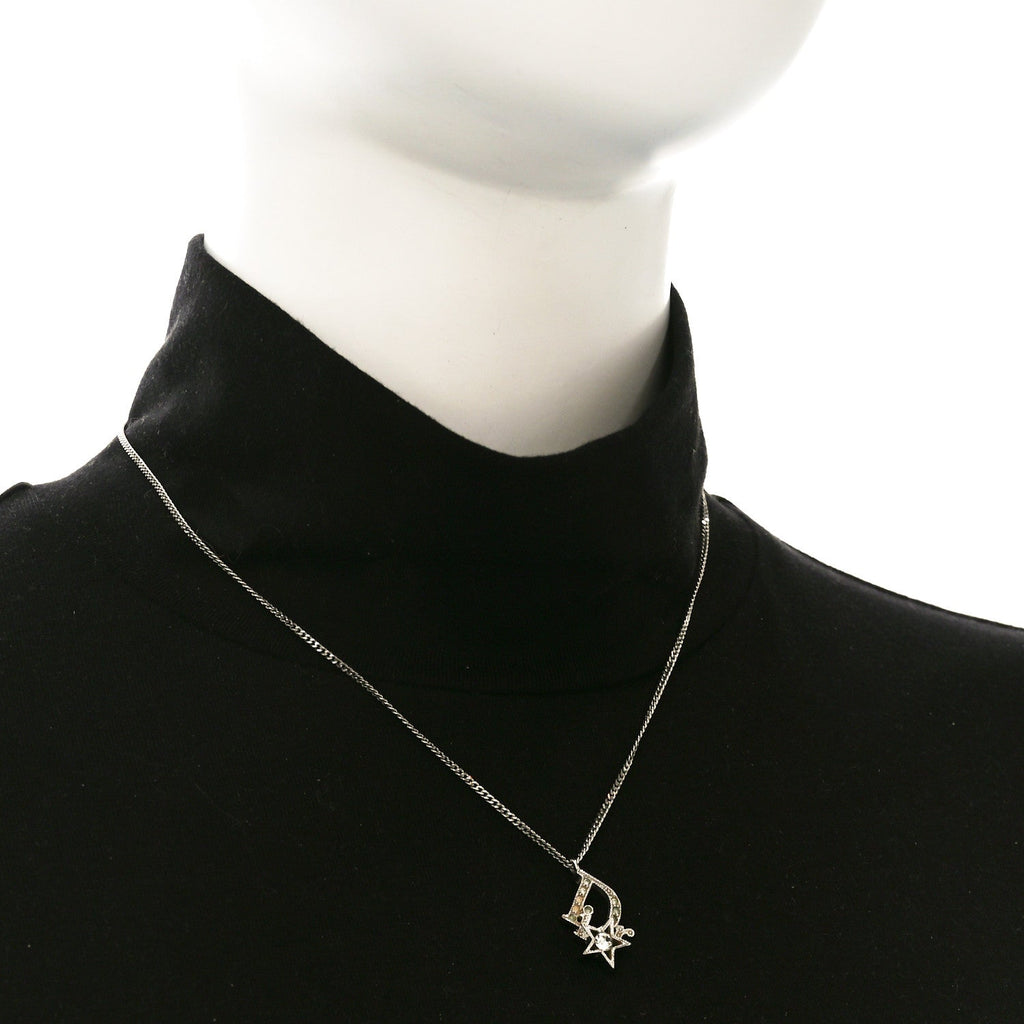 Christian Dior Crystal Logo Star Necklace Silver