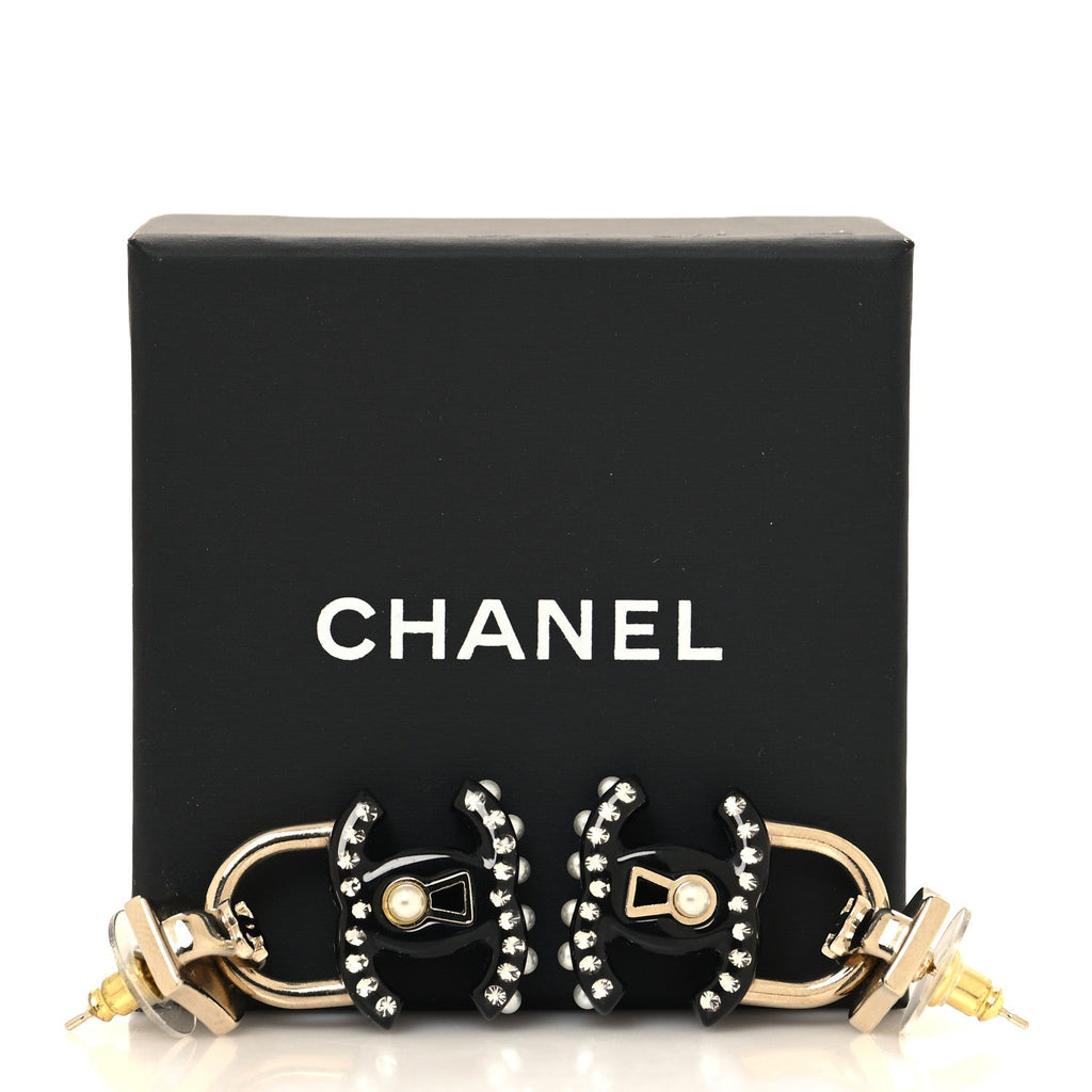 Chanel Metal Resin Crystal Pearl CC Lock Drop Earrings Gold Black