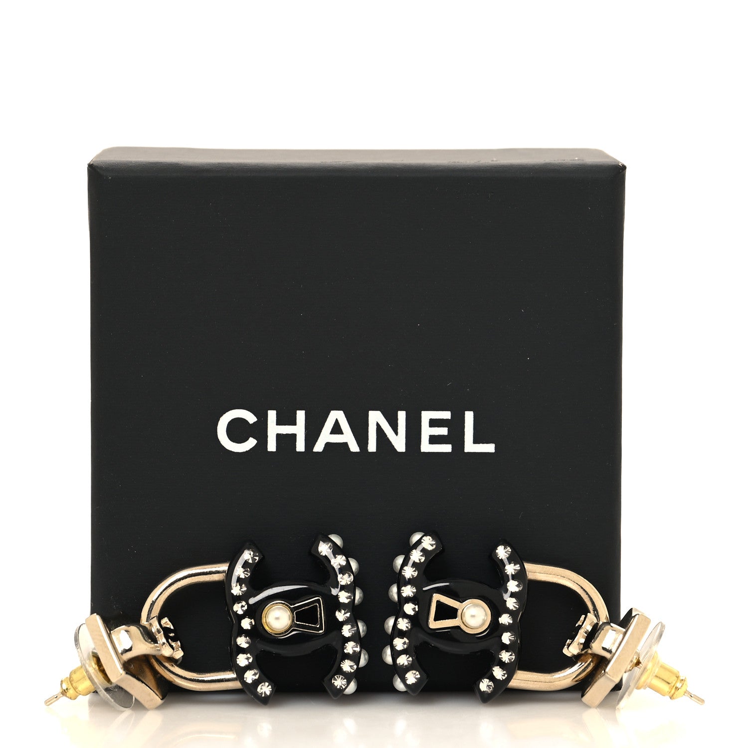 Chanel Metal Resin Crystal Pearl CC Lock Drop Earrings Gold Black
