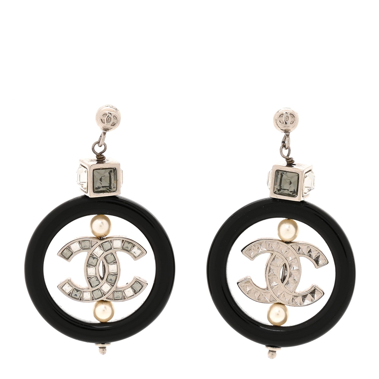 Chanel Metal Resin Crystal Pearl CC Drop Earrings Black Silver