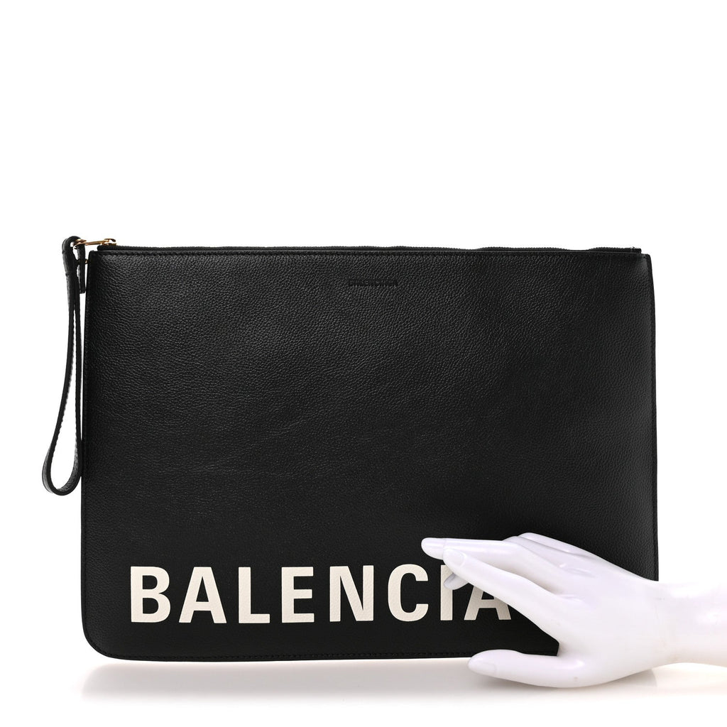 Balenciaga Calfskin Logo Large Cash Pouch With Handle Black White