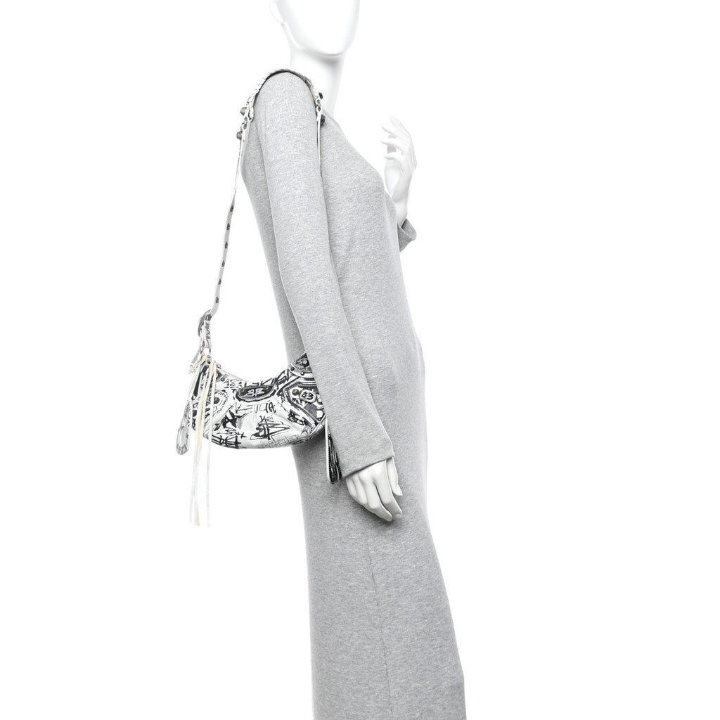 Balenciaga Agneau Arena Graffiti Le Cagole Shoulder Bag XS White Black