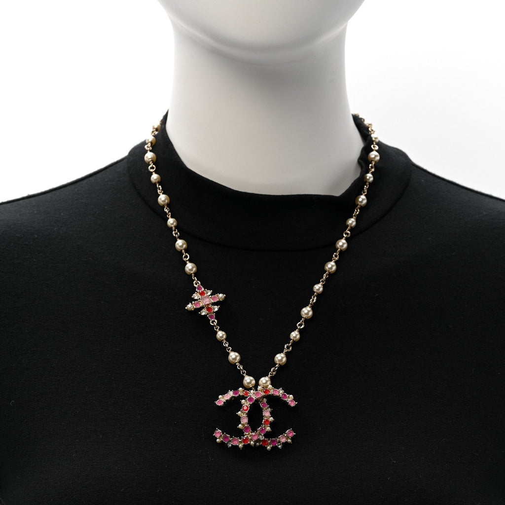 Chanel Pearl Crystal Beaded CC Pendant Necklace Gold Pink