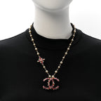 Chanel Pearl Crystal Beaded CC Pendant Necklace Gold Pink