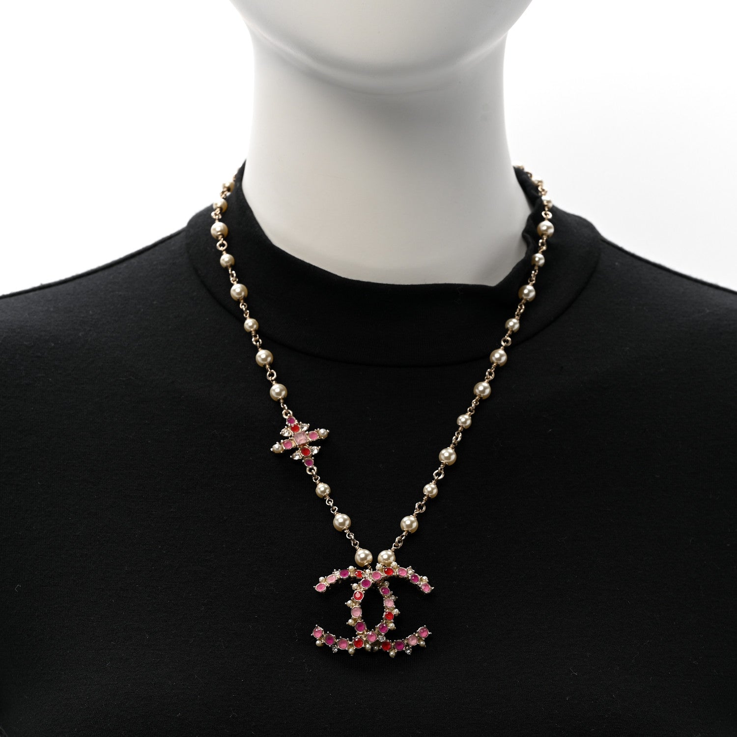 Chanel Pearl Crystal Beaded CC Pendant Necklace Gold Pink