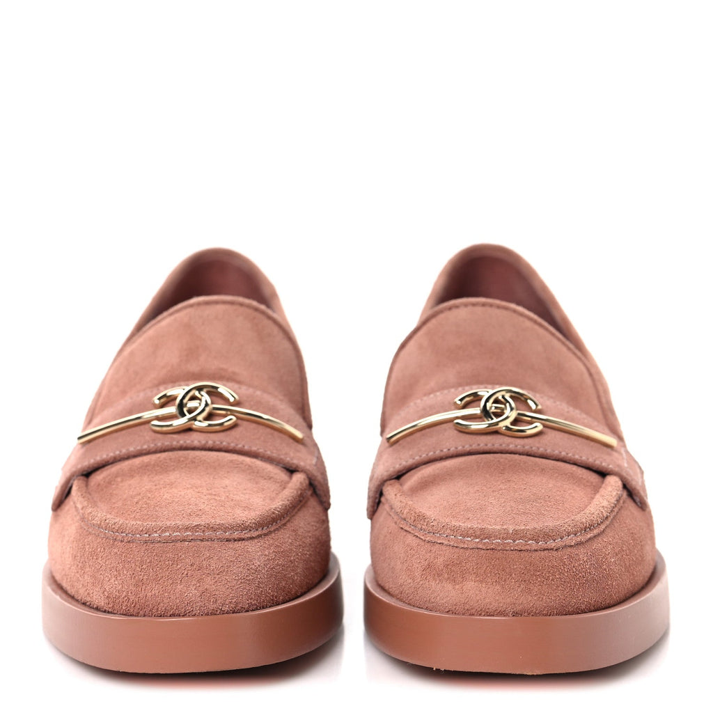 Chanel Suede Metal CC Mocassin Loafers 38 Pink