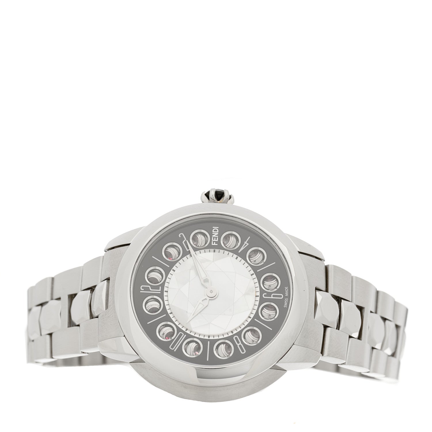 Fendi Stainless Steel Mother of Pearl Topaz Spinel 38mm Ishine Rotating Gem Two Tone Quartz Watch Black