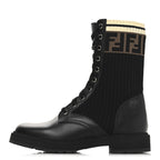 Fendi Calfskin Stretch Fabric Rockoko Biker Boots 36.5 Tobacco Black Marino