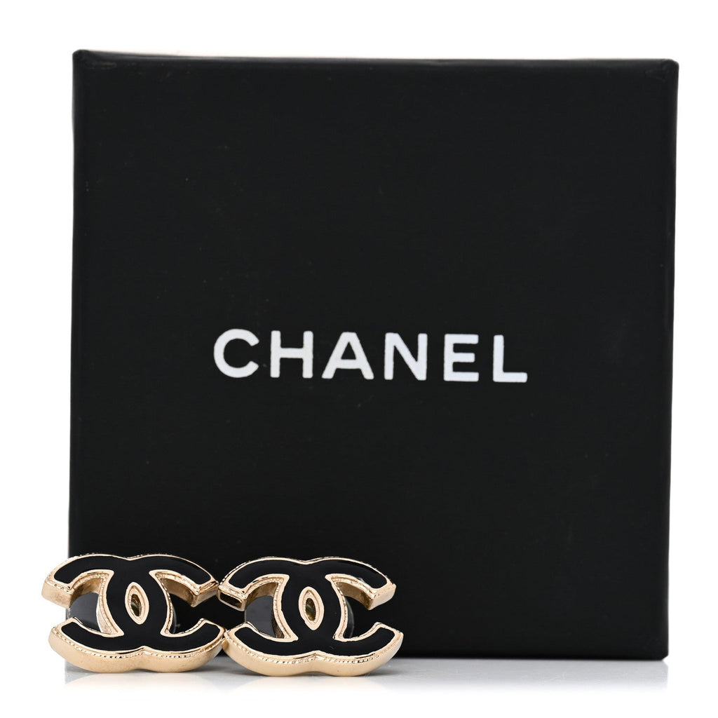 Chanel Metal Enamel CC Earrings Black Gold