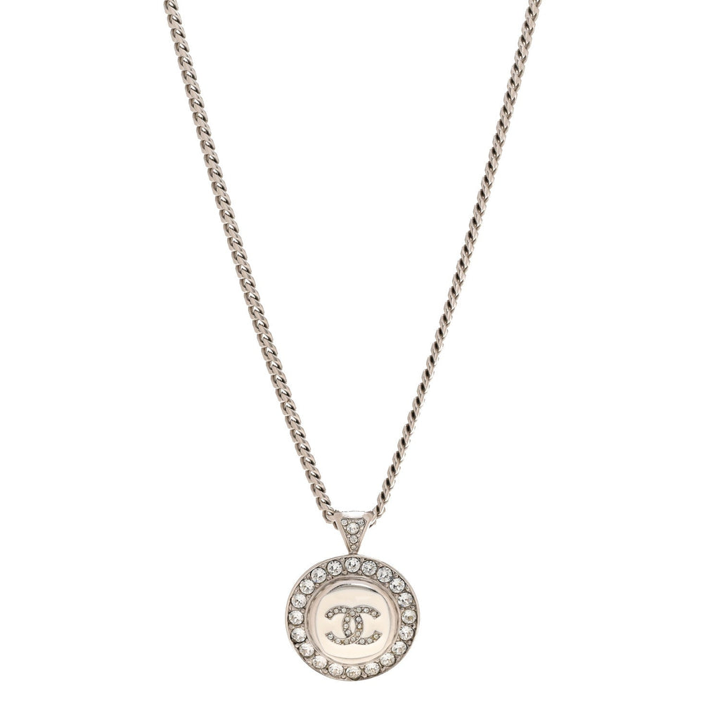 Chanel Crystal Enamel CC Pendant Necklace Silver White