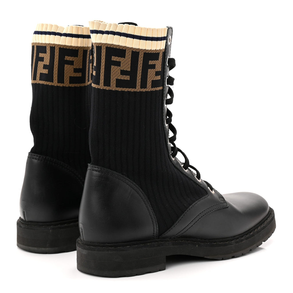 Fendi Calfskin Stretch Fabric Rockoko Biker Boots 38 Tobacco Black Marino