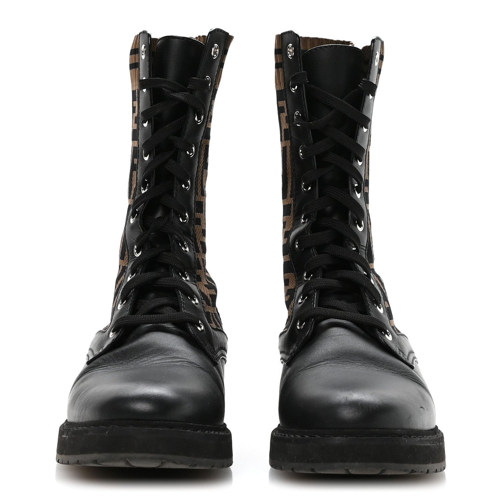 Fendi Calfskin Stretch Fabric FF Rockoko Biker Boots 40 Black Tobacco