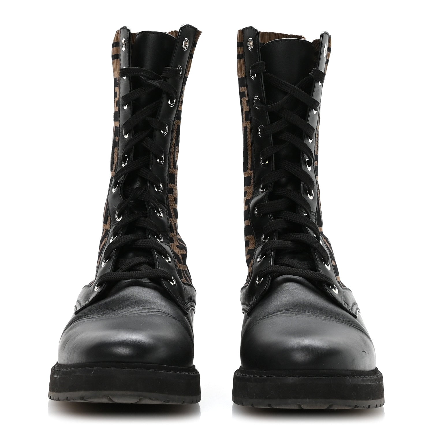 Fendi Calfskin Stretch Fabric FF Rockoko Biker Boots 40 Black Tobacco