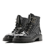 Chanel Shiny Calfskin Quilted Lace Up Combat Boots 39 Black