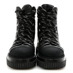 Chanel Calfskin Grosgrain Quilted Lace Up Boots 38.5 Black Grey