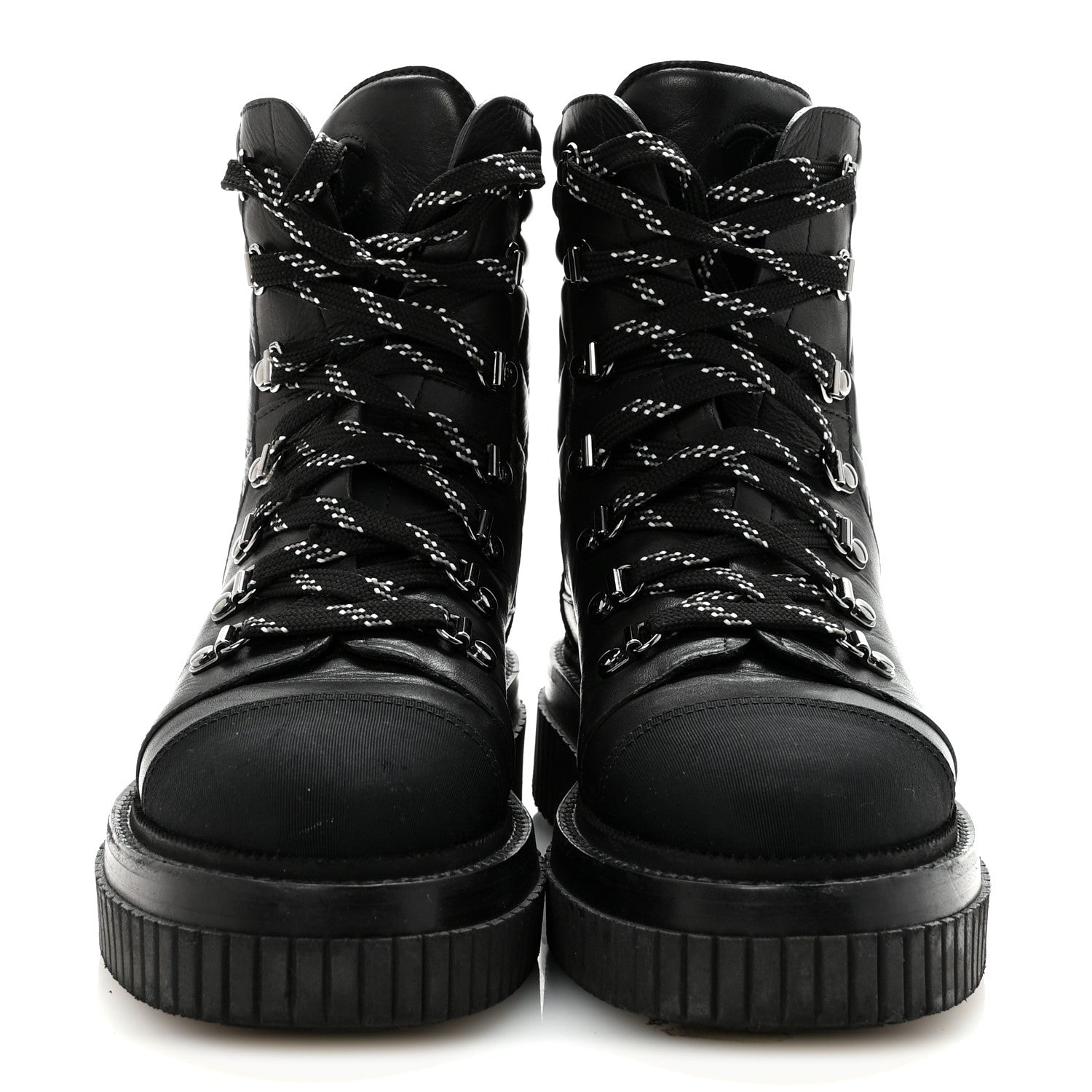Chanel Calfskin Grosgrain Quilted Lace Up Boots 38.5 Black Grey