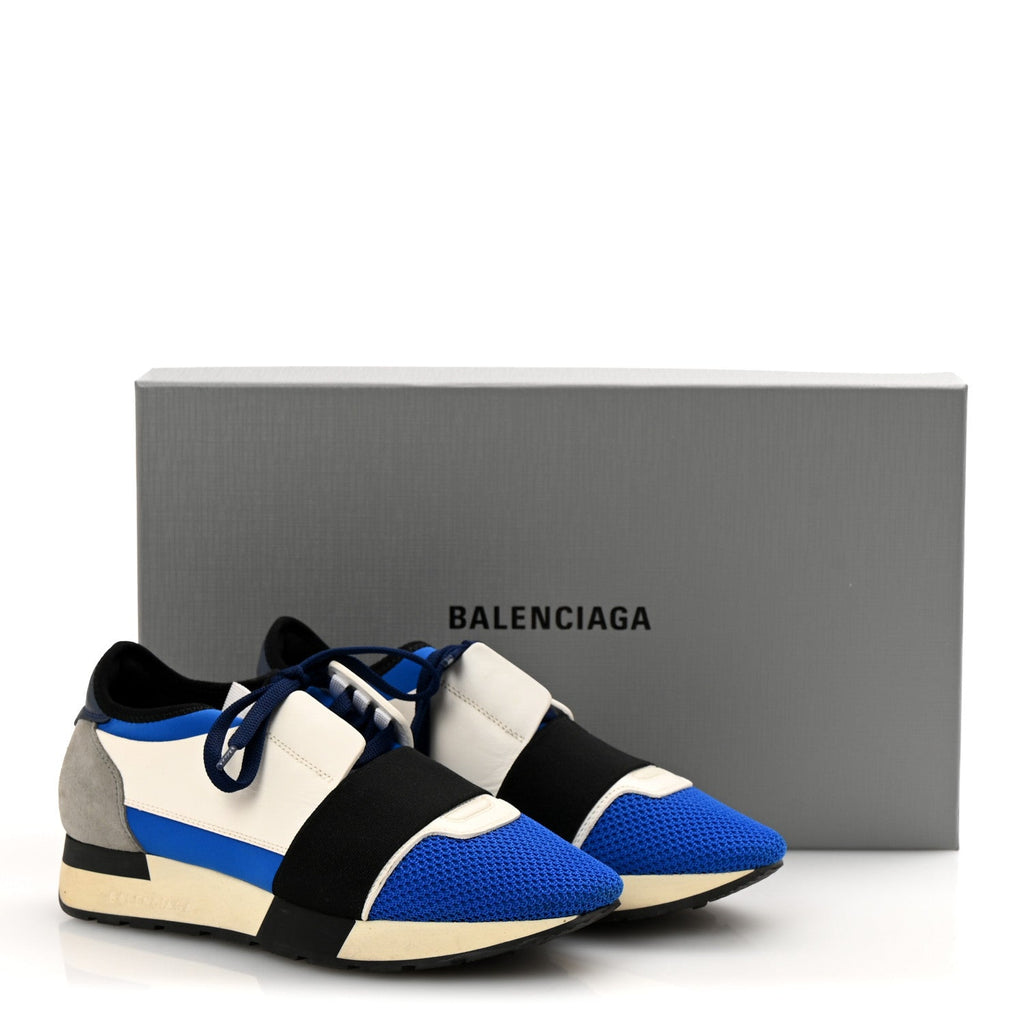Balenciaga Mesh Neoprene Calfskin Suede Womens Race Runner Sneakers 37 Bleu Saphir White Black