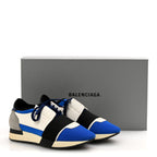 Balenciaga Mesh Neoprene Calfskin Suede Womens Race Runner Sneakers 37 Bleu Saphir White Black