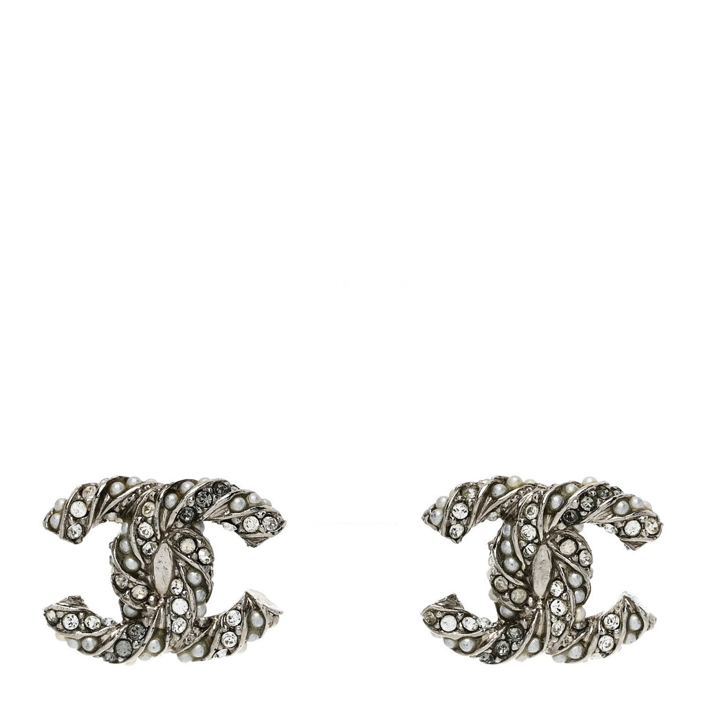 Chanel Crystal Pearl Twisted CC Earrings Silver
