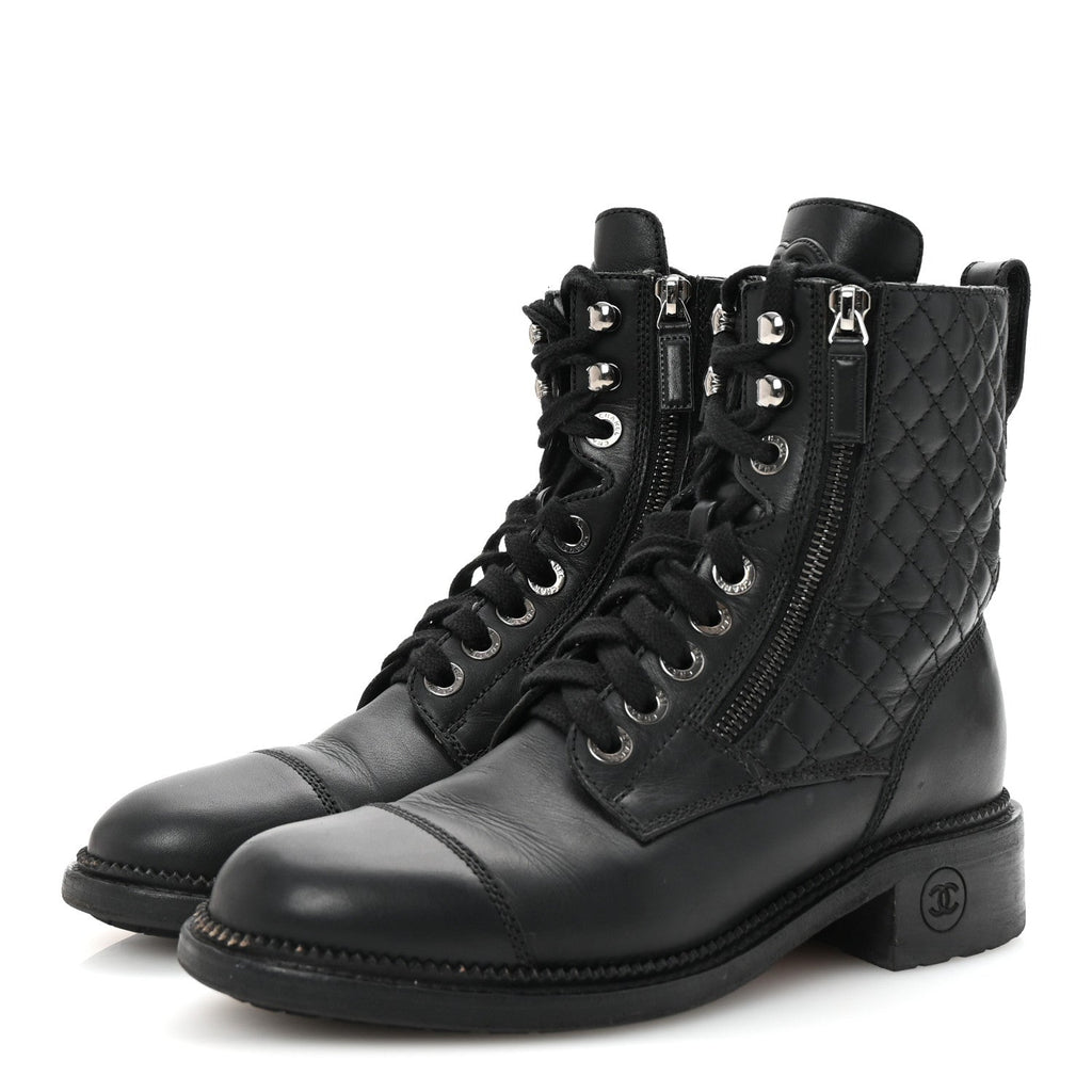 Chanel Calfskin Quilted Lace Up Combat Boots 37.5 Black