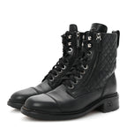 Chanel Calfskin Quilted Lace Up Combat Boots 37.5 Black