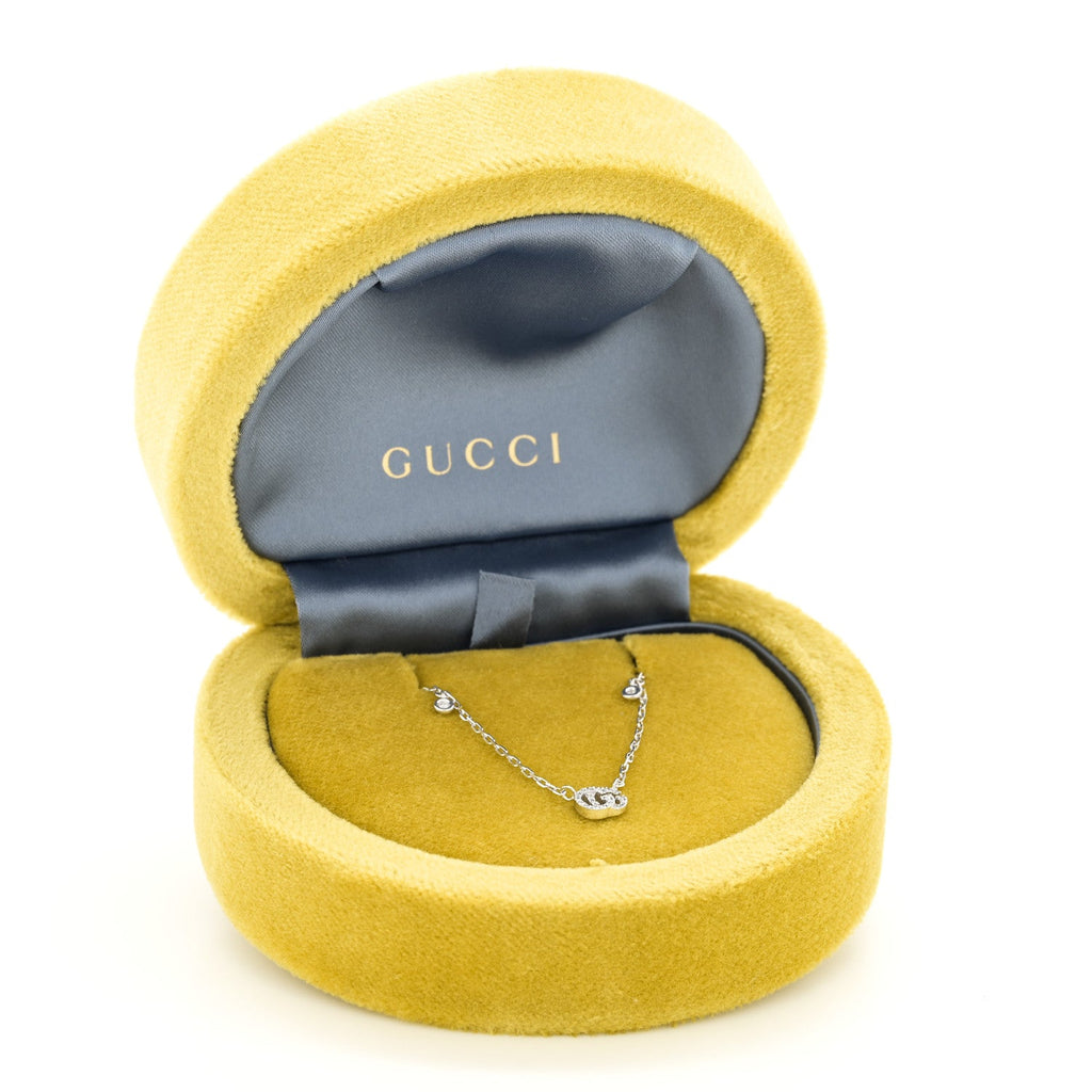 Gucci 18K White Gold Diamond Running GG Pendant Necklace