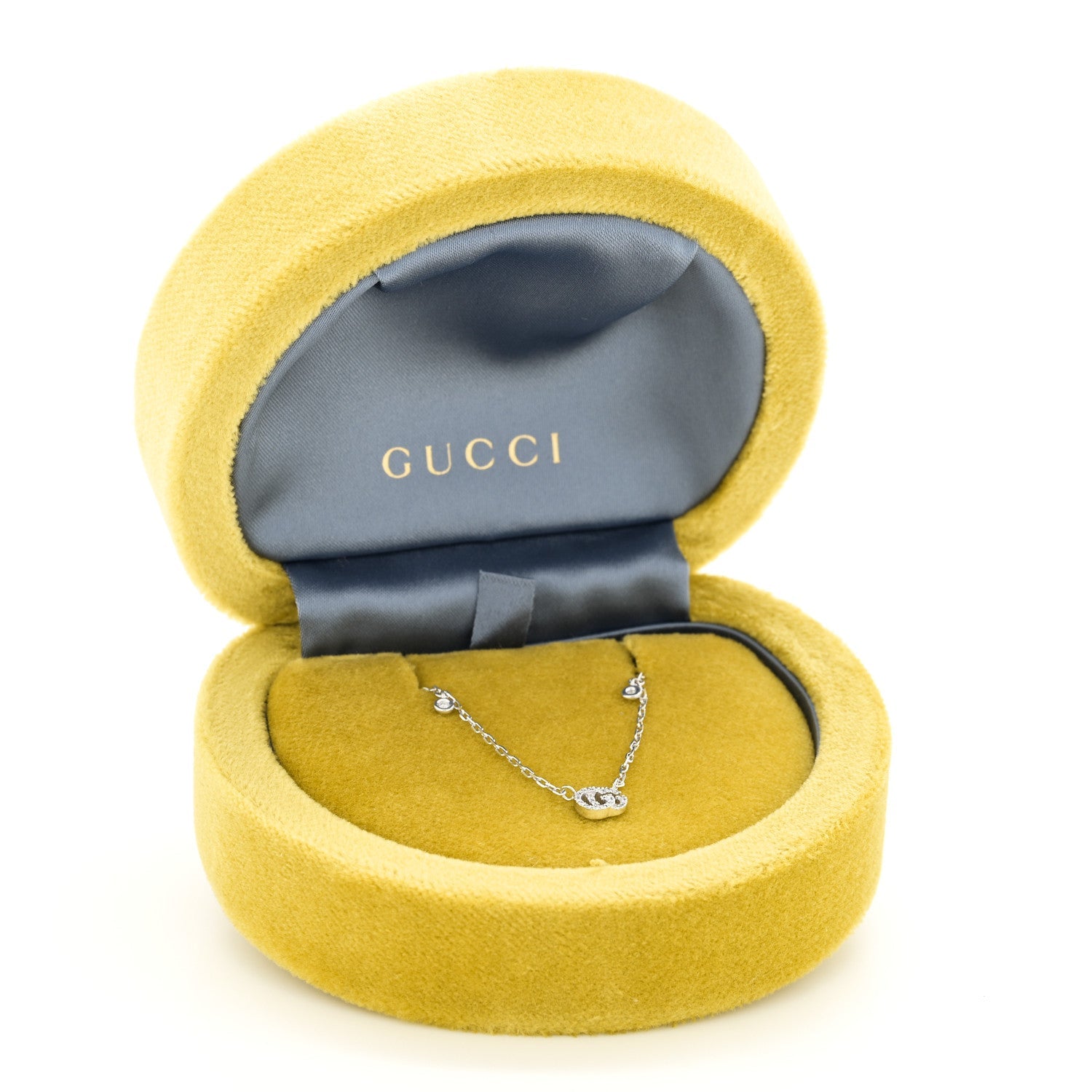 Gucci 18K White Gold Diamond Running GG Pendant Necklace
