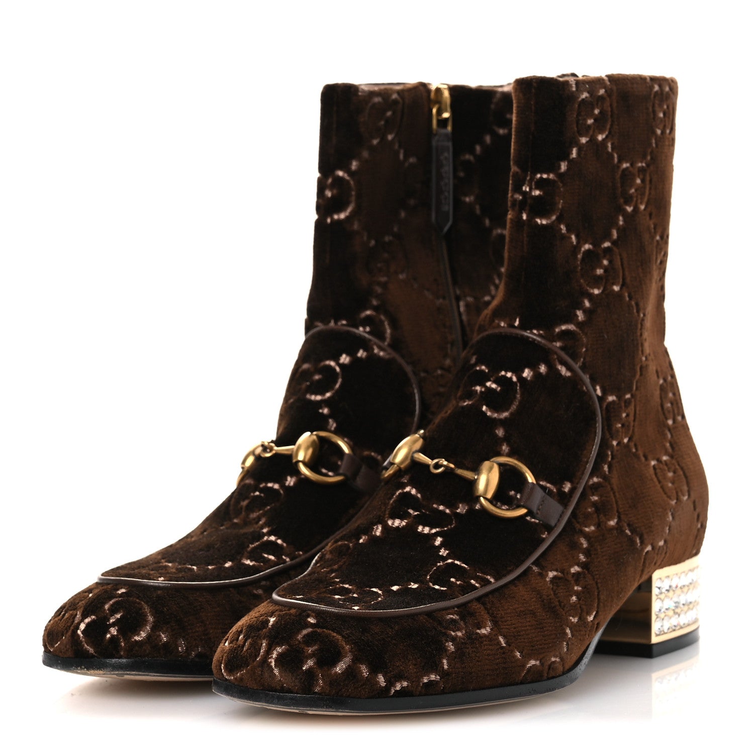 Gucci Velvet GG Monogram Crystal Horsebit Ankle Boots 37 Brown Vintage Cocoa