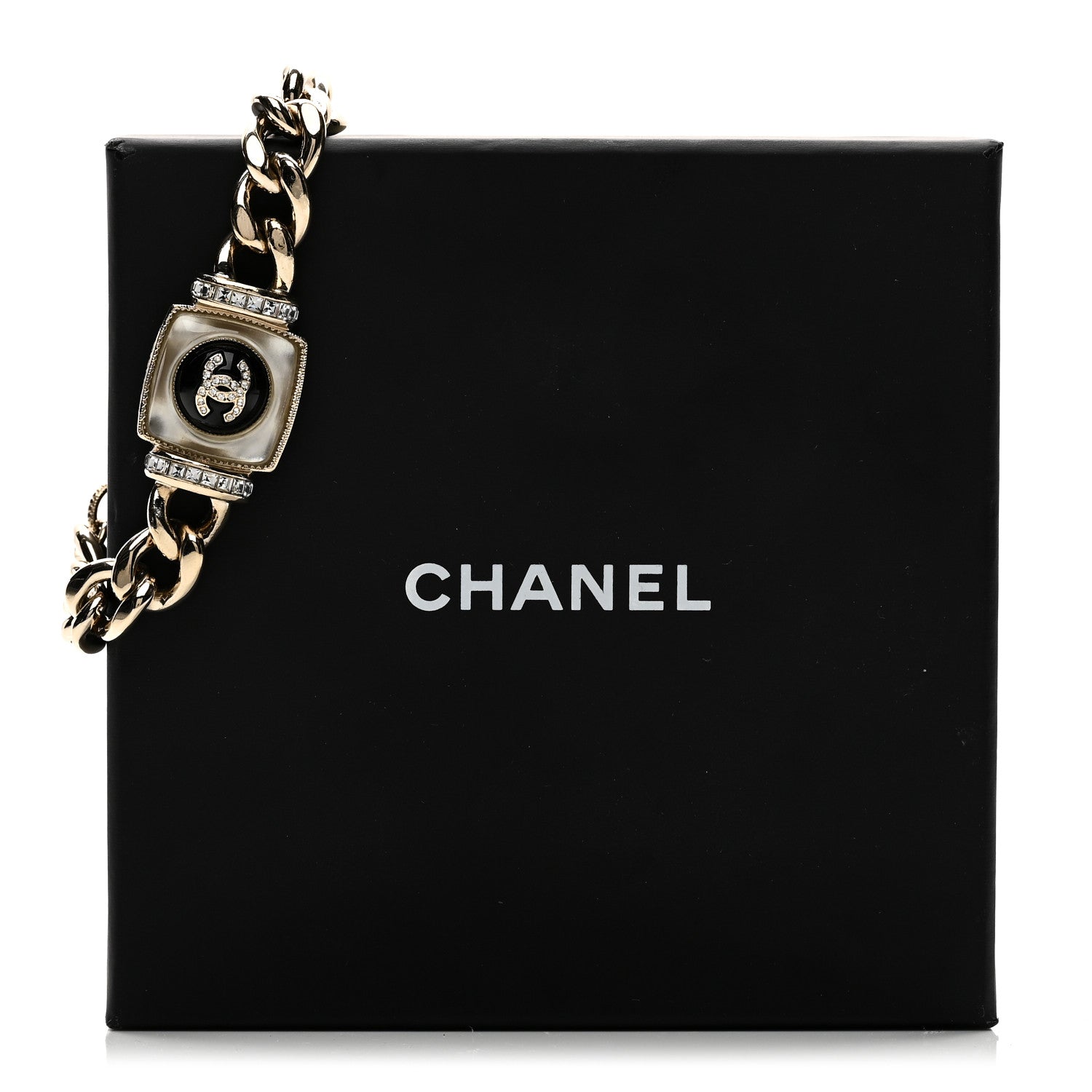 Chanel Metal Glass Pearl Strass CC Pendant Bracelet Gold Black