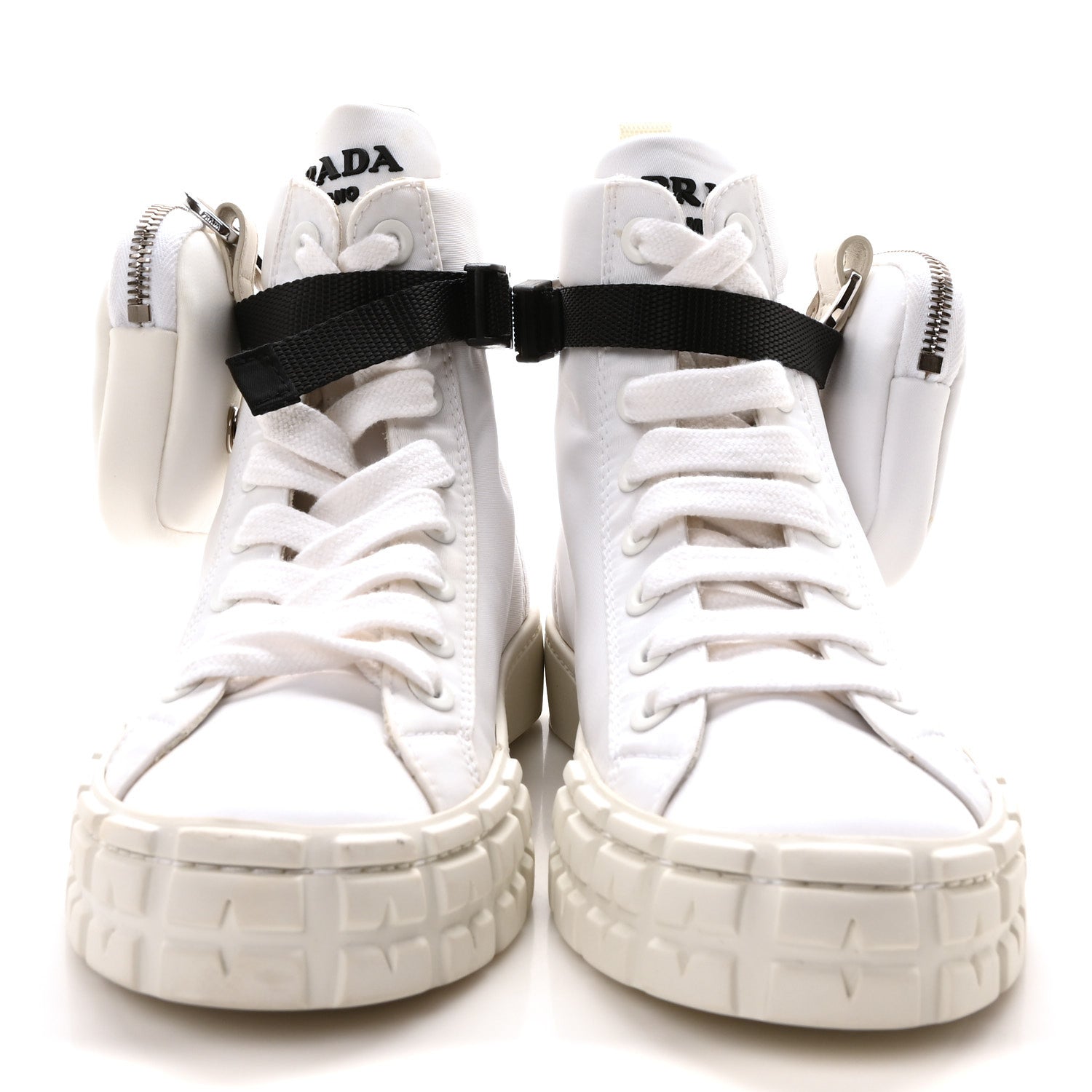 Prada Re-Nylon Gabardine Metal Triangle Logo Wheel Pouch Pocket High Top Sneakers 35.5 White