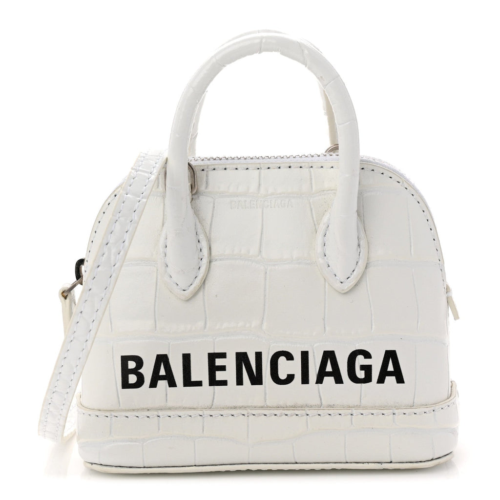 Balenciaga Calfskin Logo Crocodile Embossed Mini Ville Top Handle Bag White Black