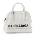 Balenciaga Calfskin Logo Crocodile Embossed Mini Ville Top Handle Bag White Black
