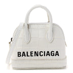 Balenciaga Calfskin Logo Crocodile Embossed Mini Ville Top Handle Bag White Black