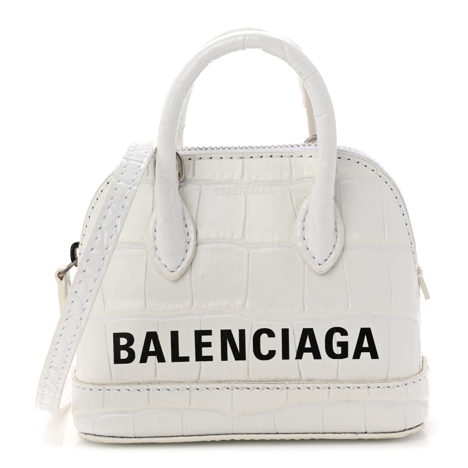 Balenciaga Calfskin Logo Crocodile Embossed Mini Ville Top Handle Bag White Black