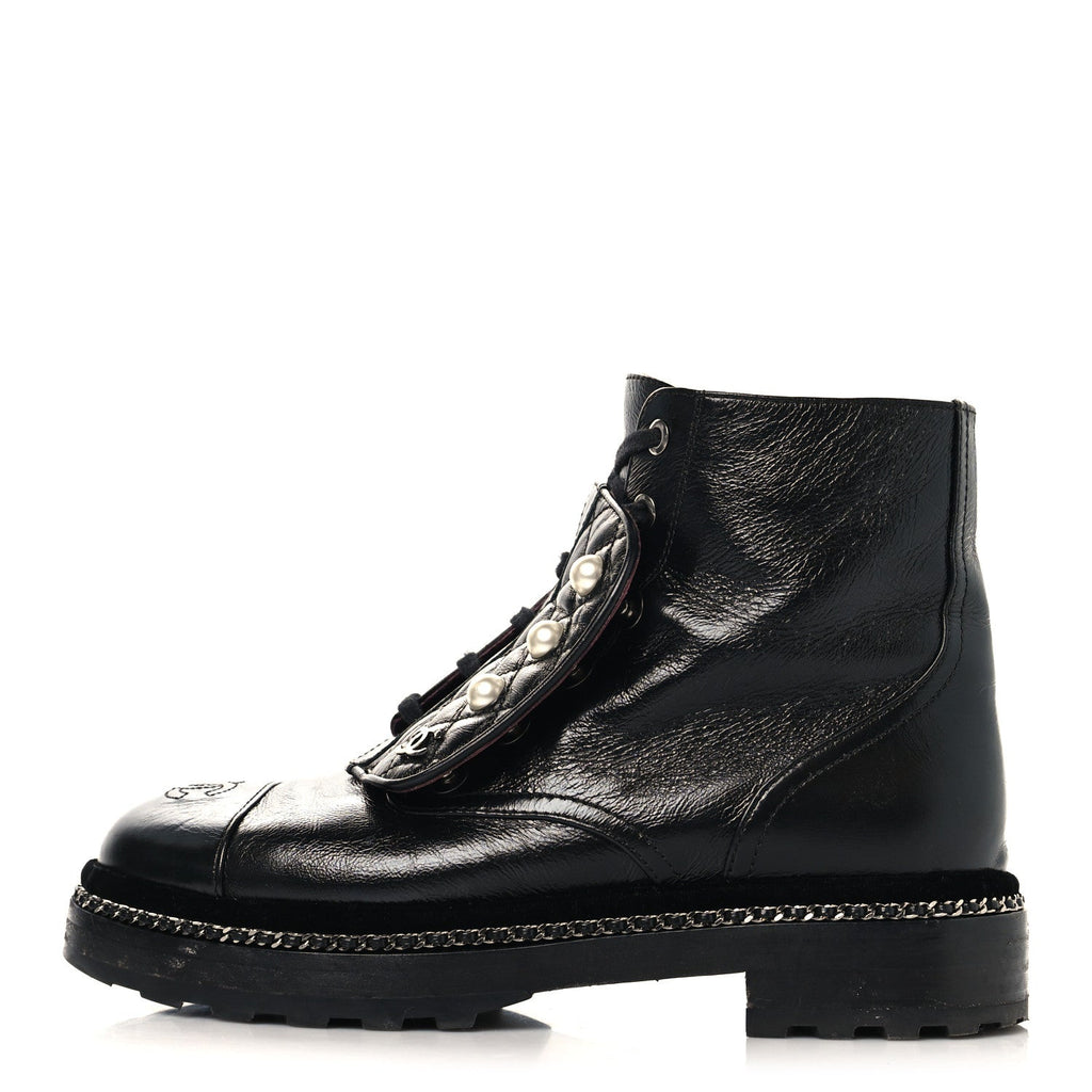 Chanel Crackled Calfskin Velvet Pearl Combat Short Boots 37.5 Black