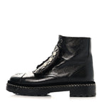 Chanel Crackled Calfskin Velvet Pearl Combat Short Boots 37.5 Black