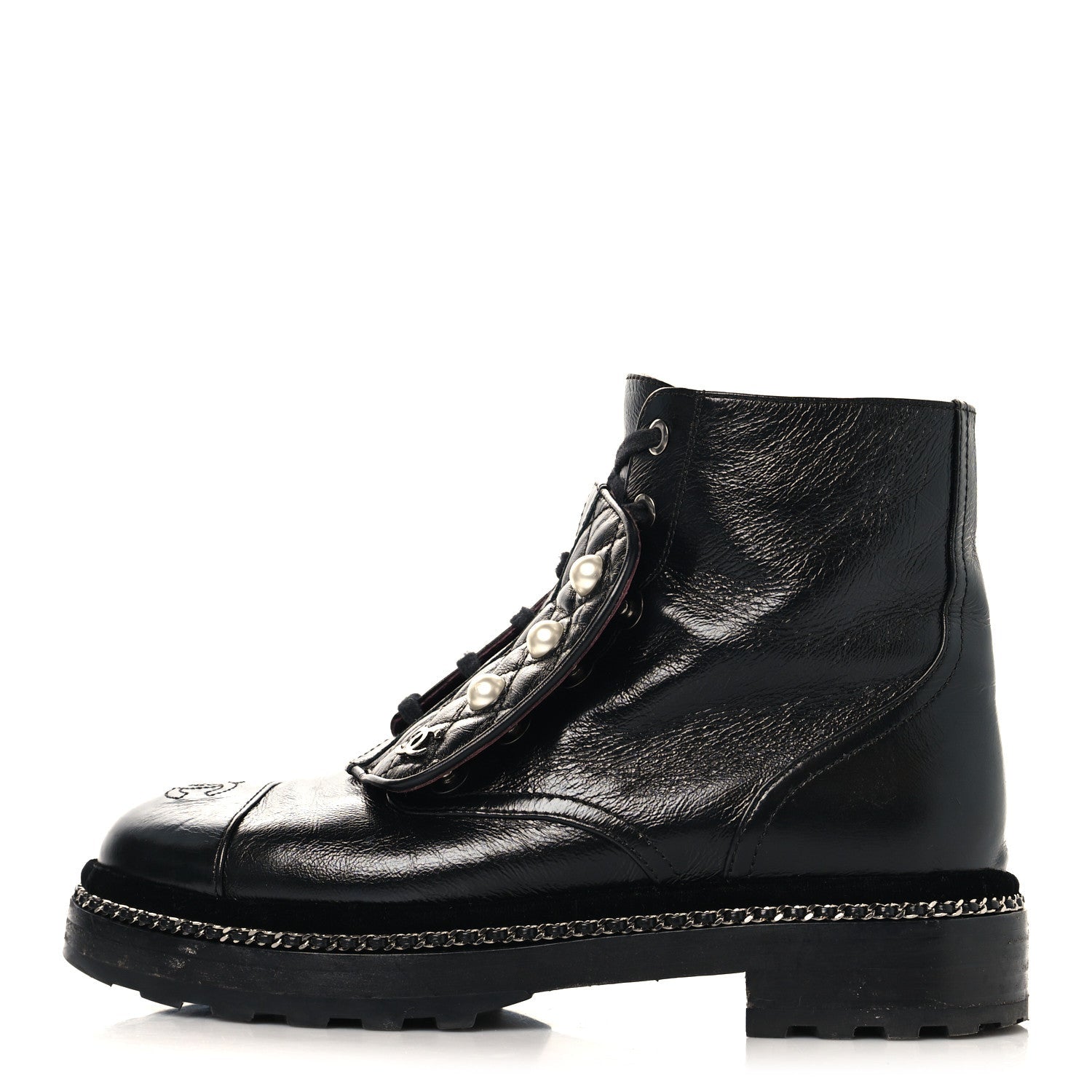 Chanel Crackled Calfskin Velvet Pearl Combat Short Boots 37.5 Black