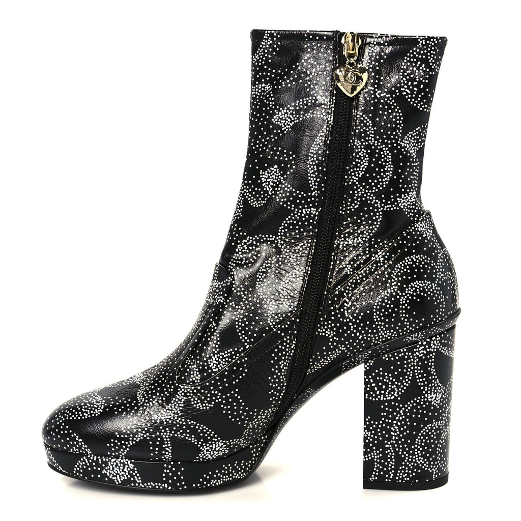 Chanel Calfskin Camellia Printed Ankle Boots 39 Black White