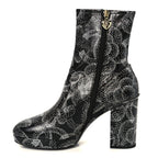 Chanel Calfskin Camellia Printed Ankle Boots 39 Black White