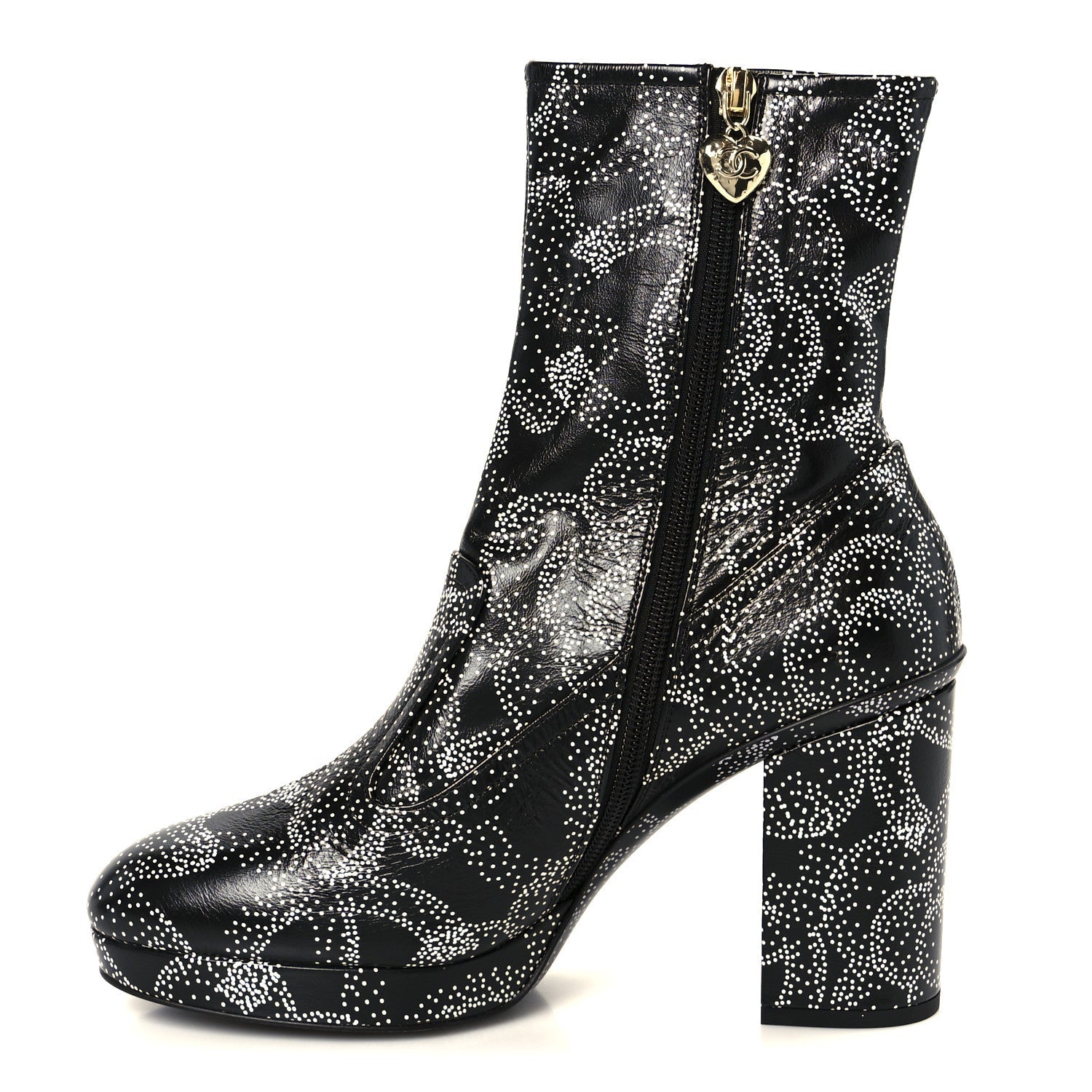 Chanel Calfskin Camellia Printed Ankle Boots 39 Black White