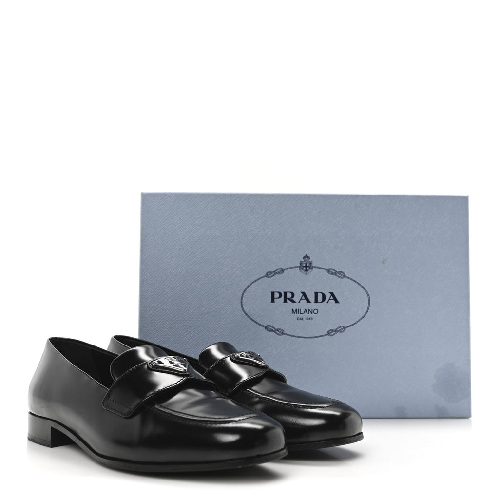 Prada Brushed Calfskin Metal Triangle Logo 20mm Loafers 36.5 Black
