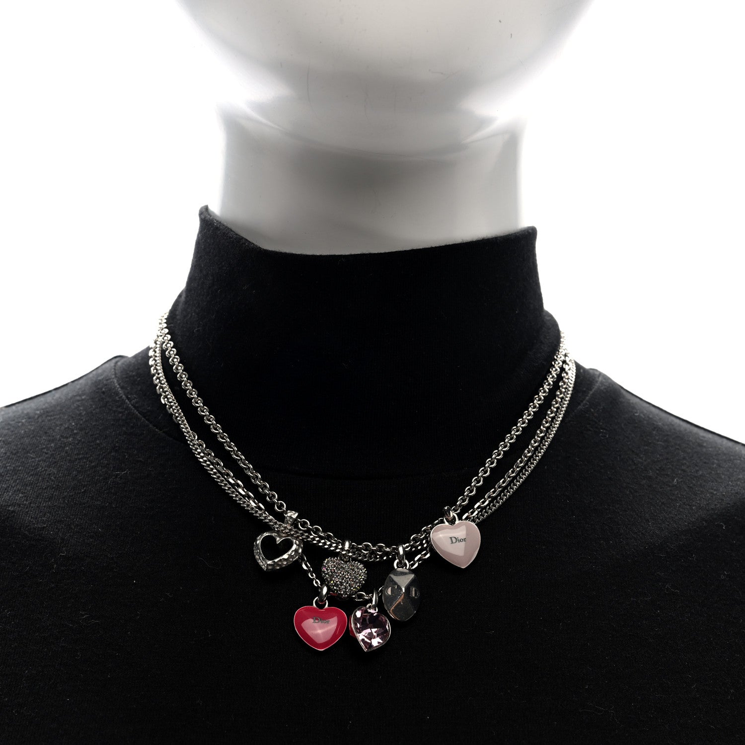 Christian Dior Metal Crystal Heart Charm Necklace Silver Pink