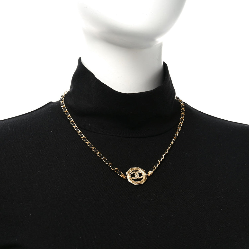 Chanel Metal Calfskin Crystal Chain CC Choker Necklace Black Gold