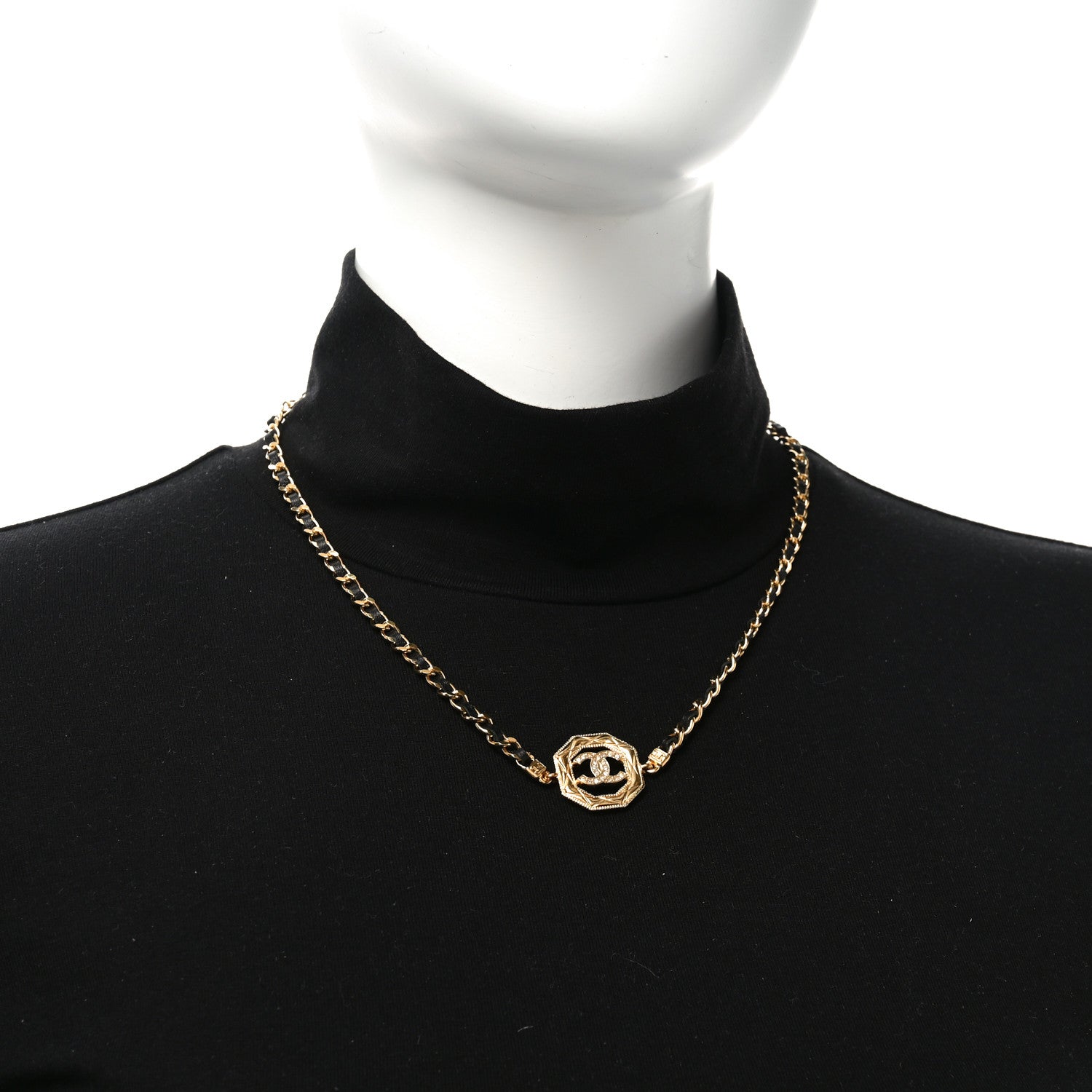 Chanel Metal Calfskin Crystal Chain CC Choker Necklace Black Gold
