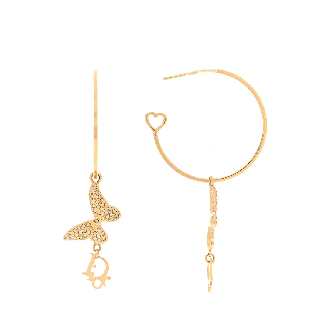 Christian Dior Metal Crystal Butterfly Logo Hoop Earrings Gold