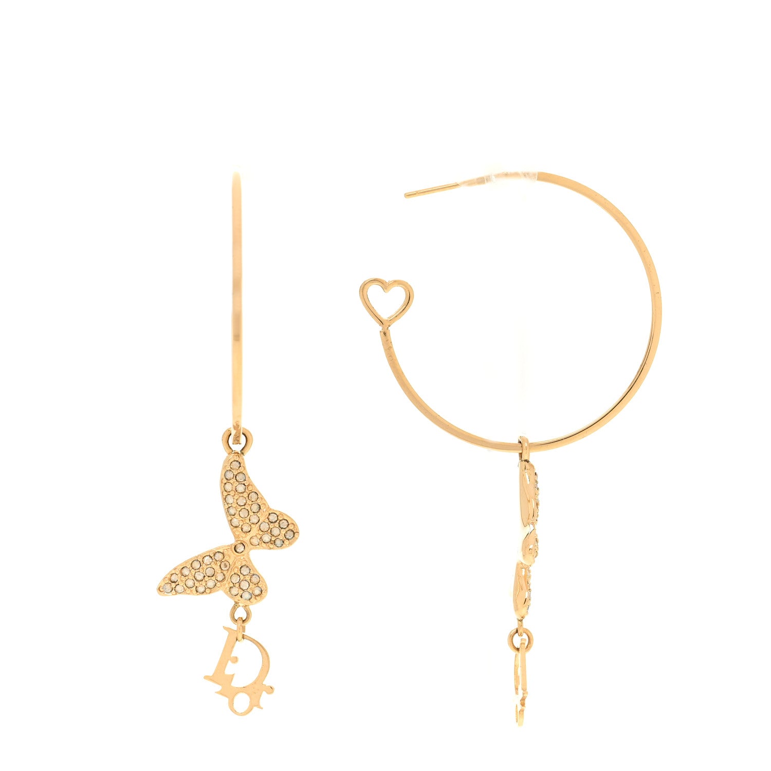 Christian Dior Metal Crystal Butterfly Logo Hoop Earrings Gold
