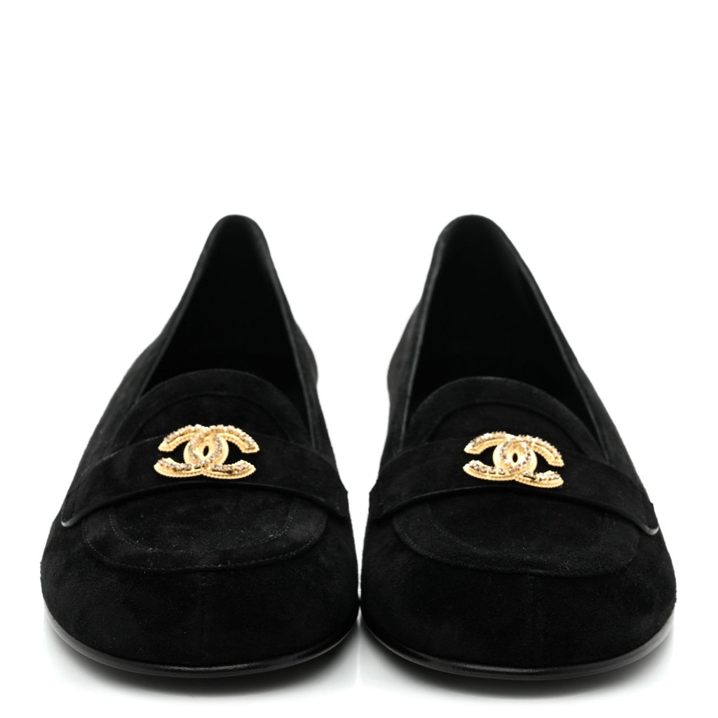 Chanel Suede Crystal CC Mocassin Loafers 39.5 Black