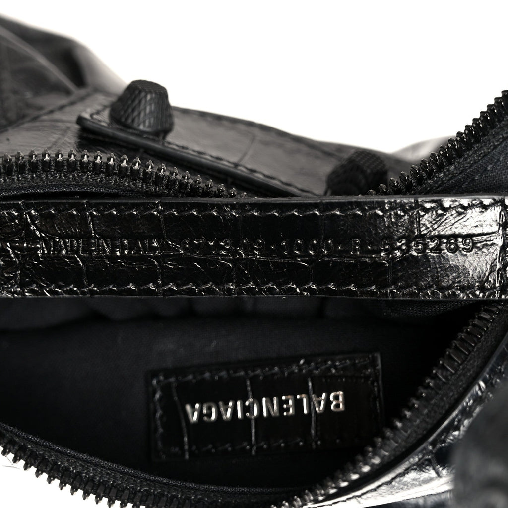 Balenciaga Extra Supple Calfskin Crocodile Embossed Monochrome Le Cagole Shoulder Bag XS Black
